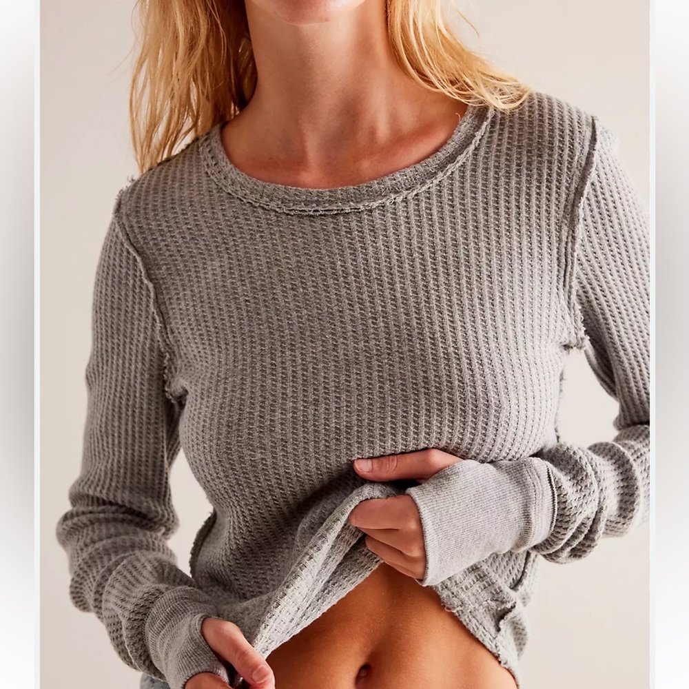 Free People Gray Waffle Knit Top